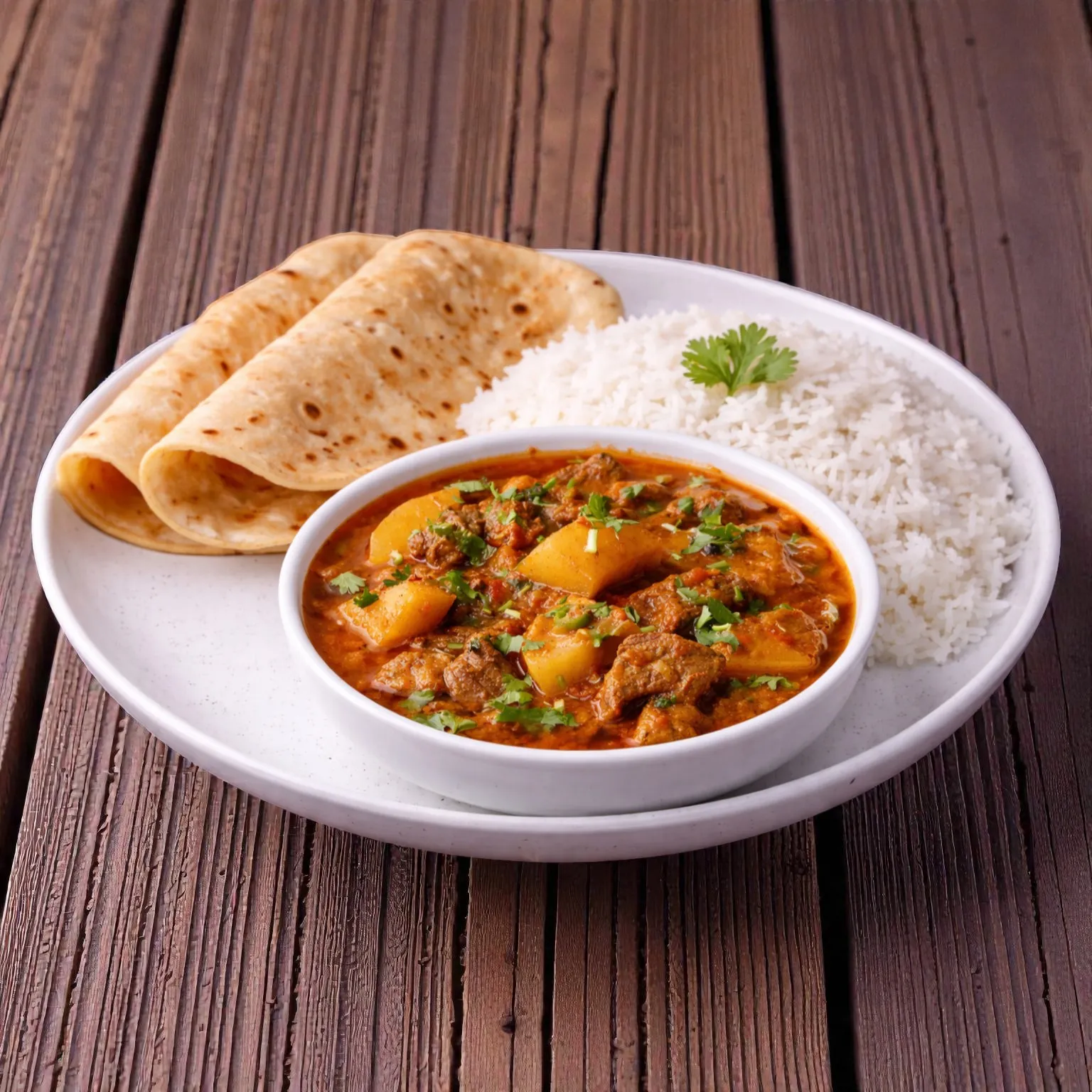 Hyderabadi Aloo Tomato Gosht Rice Roti