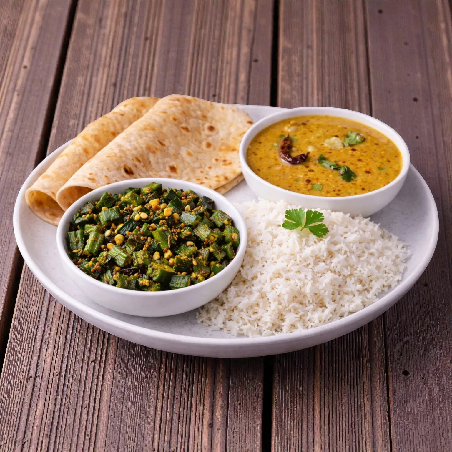 Hyderabadi Bhendi Fry Dal Rice Roti