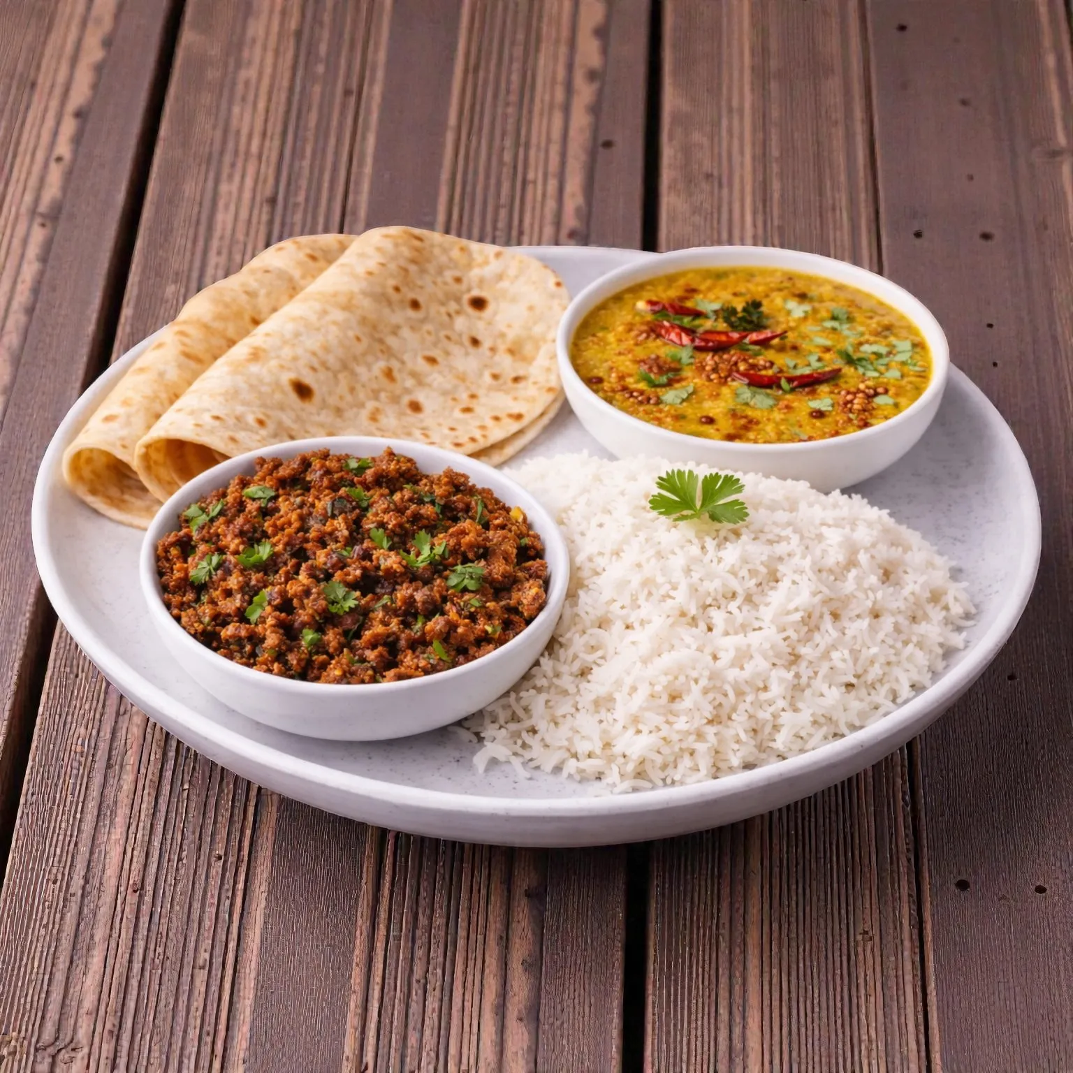 Hyderabadi Khatti Dal Rice Roti Kheema Fry